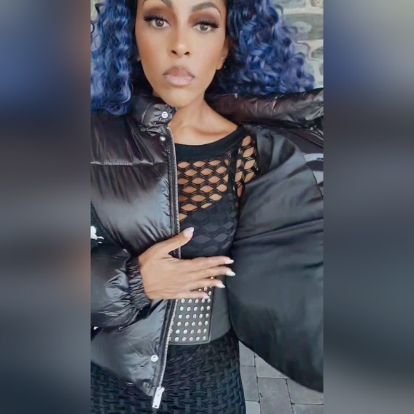 Miz Puffer Crochet: Detachable Contrast Knit Cardigan Vinyl Winter Coat L XL - Picture 17 of 17